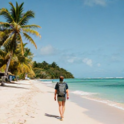 Caribbean Holidays, Grenada Backpacking, Backpacker walking along a quiet Grenadian beach with turquoise water and palm trees in warm February sunshine