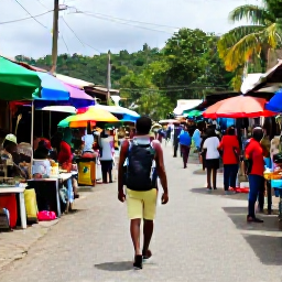Caribbean Holidays, Grenada Backpacking, Backpacker walking through a colourful Grenadian market in December, tropical island atmosphere