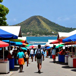 Caribbean Holidays, Grenada Backpacking, Backpacker walking through a colourful Grenadian market in St George's, with harbour views and tropical hills