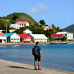 Caribbean Holidays, Grenada Backpacking, Colourful St George's harbour and hillside buildings under tropical sunshine, with a backpacker exploring the waterfront