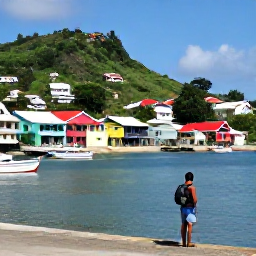 Caribbean Holidays, Grenada Backpacking, Colourful St George's harbour in Grenada with hillside houses, small boats and a backpacker exploring the waterfront