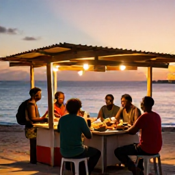 Caribbean Holidays, Grenada Backpacking, Friendly backpackers sharing a sunset meal at a small beachside food stall in Grenada, with local dishes, warm lights and the sea behind them