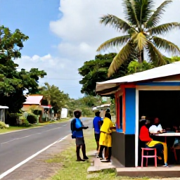 Caribbean Holidays, Grenada Backpacking, Friendly Grenadian locals and backpackers sharing food and conversation at a simple roadside caf&eacute; beside a tropical road