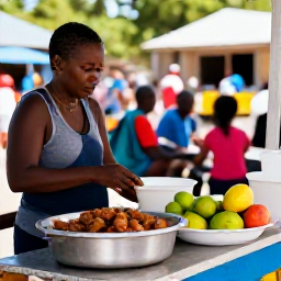 Caribbean Holidays, Grenada Backpacking, Friendly Grenadian street food stall serving oil down and fresh fruit, with a backpacker dining outdoors in a lively local setting