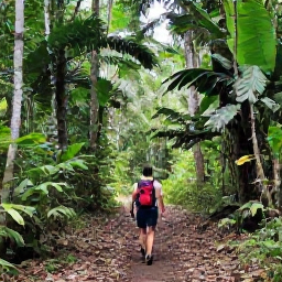 Caribbean Holidays, Grenada Backpacking, Grenadian backpacker exploring a lush rainforest trail beneath tropical trees near Grand Etang National Park