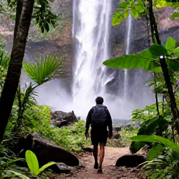 Caribbean Holidays, Grenada Backpacking, Hiker crossing a lush rainforest trail beside Concord Falls in Grenada