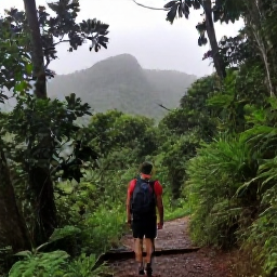 Caribbean Holidays, Grenada Backpacking, Hiker on a rainforest trail near Grand Etang National Park, Grenada, surrounded by lush vegetation and misty mountain scenery