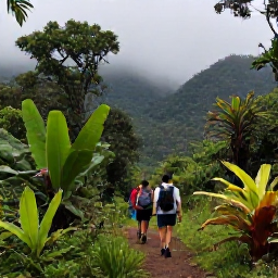 Caribbean Holidays, Grenada Backpacking, Hikers on a lush rainforest trail near Grand Etang National Park, with tropical plants and misty Grenadian hills