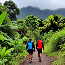 Caribbean Holidays, Grenada Backpacking, Hikers on a rainforest trail near Grand Etang in Grenada, surrounded by lush tropical plants and misty mountain scenery