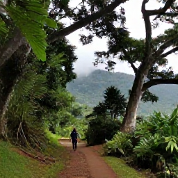 Caribbean Holidays, Grenada Backpacking July, Backpacker hiking through lush Grand Etang rainforest in Grenada, with giant trees, misty hills and a clear trail