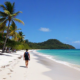 Caribbean Holidays, Grenada Backpacking July, Backpacker walking along a quiet tropical beach in Grenada in July, with palm trees, turquoise water and green hills in the distance