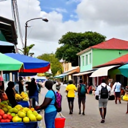 Caribbean Holidays, Grenada Backpacking July, Bustling St George's market in Grenada with local fruit stalls, colourful buildings and backpackers exploring the streets