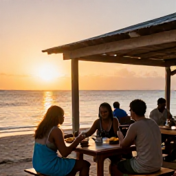 Caribbean Holidays, Grenada Backpacking July, Friendly backpackers eating local Grenadian food at a simple open-air restaurant beside the sea at sunset