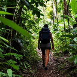 Caribbean Holidays, Grenada Backpacking, Lush rainforest trail leading to a waterfall in Grand Etang National Park, Grenada, with a backpacker hiking