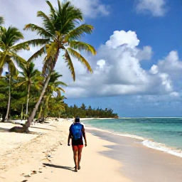 Caribbean Holidays, Grenada Backpacking May, Backpacker walking along a quiet tropical beach in Grenada during May, with palm trees, turquoise water and light cloud