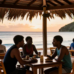 Caribbean Holidays, Grenada Backpacking May, Backpackers sharing local food and conversation at a relaxed beachside restaurant in Grenada at sunset