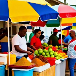 Caribbean Holidays, Grenada Backpacking May, Colourful local market in St George's Grenada, with spices, tropical fruit and friendly shoppers beneath bright umbrellas