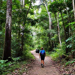 Caribbean Holidays, Grenada Backpacking May, Hikers crossing a lush rainforest trail beneath towering trees near Grand Etang National Park in Grenada