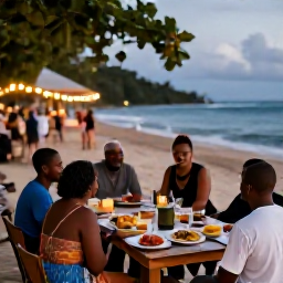 Caribbean Holidays, Grenada Backpacking, Relaxed evening in a Grenadian seaside village with local food, music and travellers sharing a table