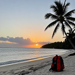 Caribbean Holidays, Grenada Backpacking, Sunset over a quiet Grenadian beach with a backpack and tropical palms