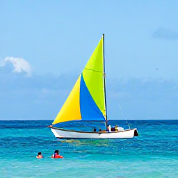 Caribbean Holidays, Grenada Beach Holidays, A colourful sailing boat passing along the Grenada coastline on a sunny March day, with snorkellers in clear blue water