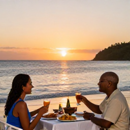 Caribbean Holidays, Grenada Beach Holidays, A couple enjoying a relaxed evening meal beside the sea in Grenada, local Caribbean food and warm sunset colours