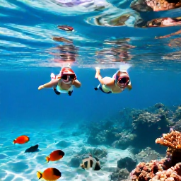 Caribbean Holidays, Grenada Beach Holidays, A couple snorkelling in clear Caribbean water near Grenada, colourful fish and coral visible beneath the surface