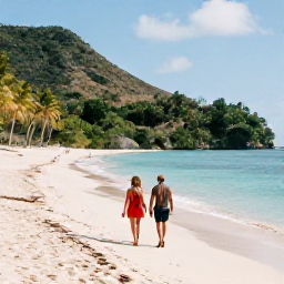 Caribbean Holidays, Grenada Beach Holidays, A couple walking along a quiet Grenada beach in warm March sunshine, with turquoise water, palm trees and lush tropical hills