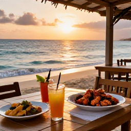 Caribbean Holidays, Grenada Beach Holidays, A friendly Grenadian beach restaurant serving fresh seafood and tropical drinks near the sea at sunset