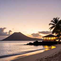 Caribbean Holidays, Grenada Beach Holidays, A quiet Grenadian beach at sunset with calm sea, volcanic hills and a small beach restaurant glowing in the evening light