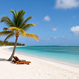 Caribbean Holidays, Grenada Beach Holidays, A quiet tropical beach in Grenada with white sand, clear turquoise water, palm trees and a few sun loungers