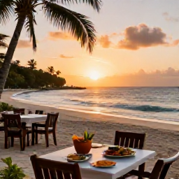 Caribbean Holidays, Grenada Beach Holidays, A relaxed beachfront restaurant in Grenada at sunset, with tables, local food and a view across the Caribbean Sea