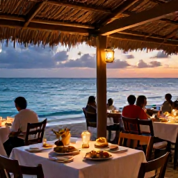 Caribbean Holidays, Grenada Beach Holidays, A relaxed evening at a beachfront restaurant in Grenada, Caribbean dishes, soft lantern light and guests watching the sunset over the sea