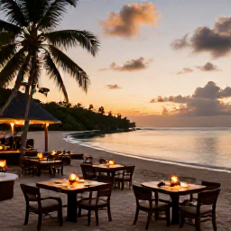 Caribbean Holidays, Grenada Beach Holidays, A relaxed Grenada beach restaurant at sunset with tables near the sand, warm lights and calm Caribbean water