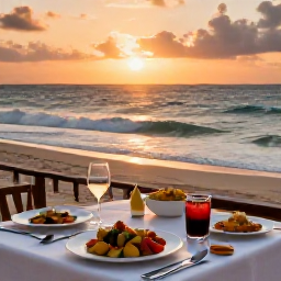 Caribbean Holidays, Grenada Beach Holidays, A relaxed sunset dinner at a Grenada beachfront restaurant, with local Caribbean dishes, gentle waves and warm evening light