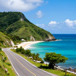 Caribbean Holidays, Grenada Beach Holidays, A scenic coastal road in Grenada leading past lush hills, a small bay and bright Caribbean sea under partly cloudy skies