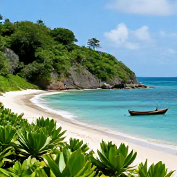 Caribbean Holidays, Grenada Beach Holidays, A scenic Grenada coastline with a secluded beach, lush green vegetation and a small wooden boat offshore