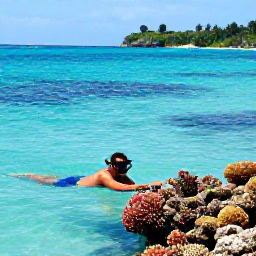 Caribbean Holidays, Grenada Beach Holidays, A snorkeller exploring colourful coral and tropical fish in clear water off Grenada, with the island coastline visible above the sea