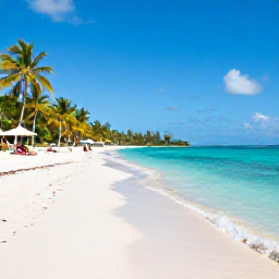Caribbean Holidays, Grenada Beach Holidays, A sunny Grand Anse Beach in Grenada with calm turquoise water, soft white sand, palm trees and a few relaxed holidaymakers