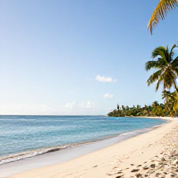 Caribbean Holidays, Grenada Beach Holidays, A wide view of Grand Anse Beach in Grenada on a bright January morning, calm turquoise water, soft white sand and a few palm trees