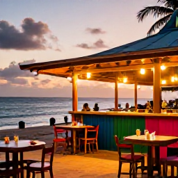 Caribbean Holidays, Grenada Beach Holidays, Colourful Grenadian beach bar beside Grand Anse Beach at sunset, local food, tropical drinks, relaxed tables and glowing evening sky