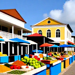 Caribbean Holidays, Grenada Beach Holidays, Colourful market stalls with spices, fresh fruit and local produce in St George's, Grenada, with historic buildings nearby