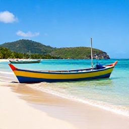Caribbean Holidays, Grenada Beach Holidays, Colourful wooden fishing boats and calm clear water at Morne Rouge Beach, Grenada, with green hills in the background