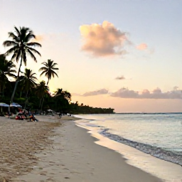 Caribbean Holidays, Grenada Beach Holidays, Grand Anse Beach in Grenada at sunrise, calm turquoise Caribbean water, soft white sand, a few palm trees and holidaymakers enjoying a peaceful December morning