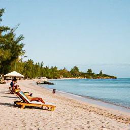 Caribbean Holidays, Grenada Beach Holidays, Grand Anse Beach in Grenada with calm clear water, sun loungers and visitors enjoying a peaceful November afternoon