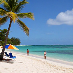 Caribbean Holidays, Grenada Beach Holidays, Grand Anse Beach in May with calm clear Caribbean water, colourful umbrellas, coconut palms and a couple walking along the shoreline