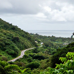 Caribbean Holidays, Grenada Beach Holidays, Lush green Grenada landscape after a light tropical shower, rainforest hills, winding road and views towards the Caribbean Sea