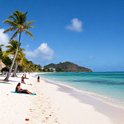 Caribbean Holidays, Grenada Beach Holidays, People relaxing on the wide white sands of Grand Anse Beach, Grenada, with palm trees, clear shallow sea and distant green hills