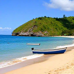 Caribbean Holidays, Grenada Beach Holidays, Quiet tropical cove on Grenada with clear blue sea, green hillside, golden sand and a small fishing boat