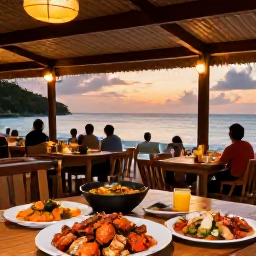 Caribbean Holidays, Grenada Beach Holidays, Relaxed beachfront restaurant in Grenada at sunset, serving fresh seafood and Caribbean dishes, with warm lights and diners overlooking the sea